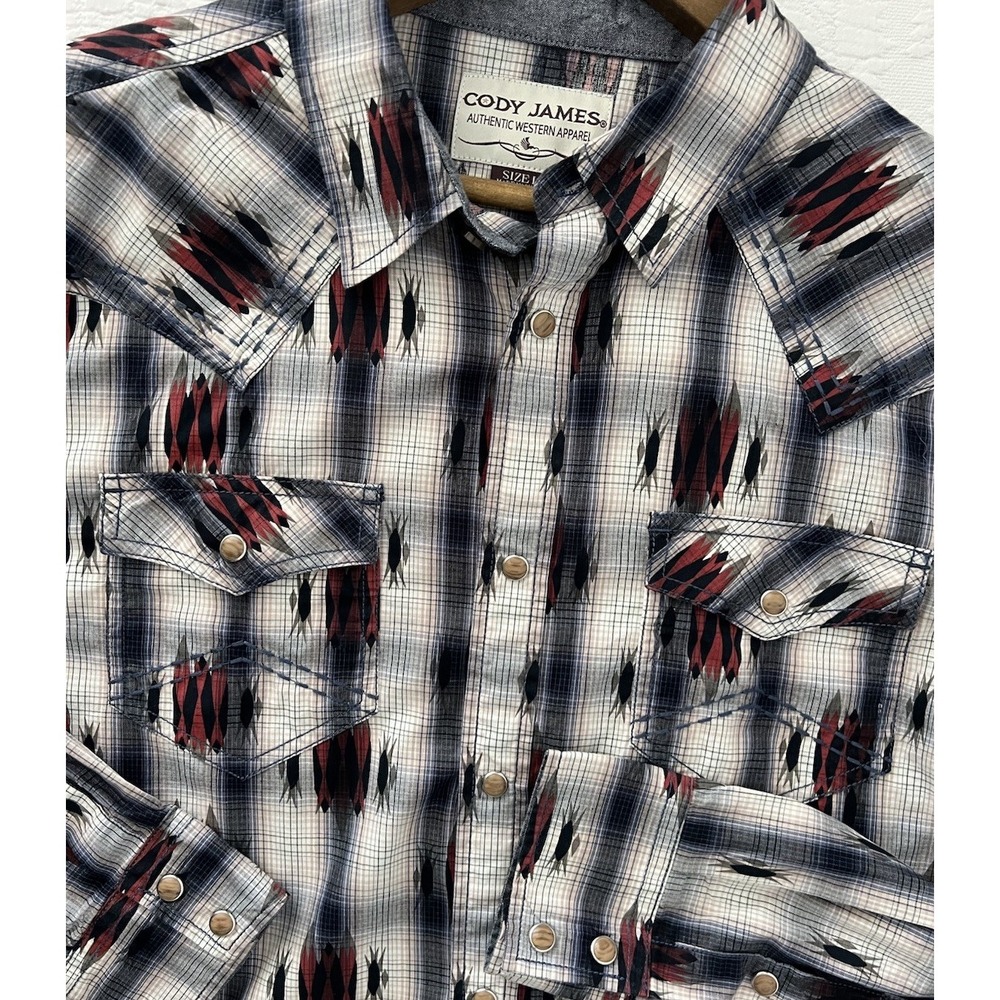 Cody James Mens Large Pearl‎ Snap Western Shirt Blue Plaid Southwestern Aztec